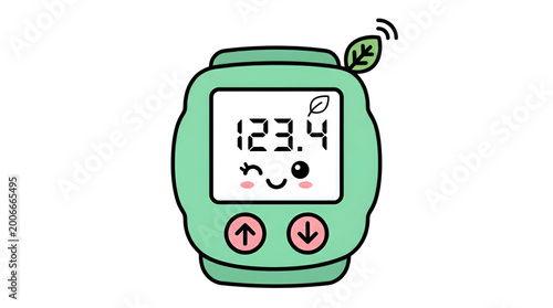 Green alarm clock with green and green leaf on top clock is.