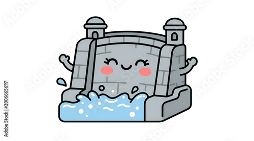 An illustration of castle with water coming out top castle with red.