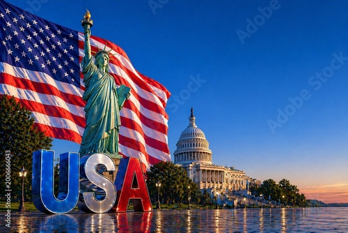 Independence Day USA concept with Statue of Liberty, waving American flag and Capitol at sunset. Glossy USA letters reflect on wet surface with clean copy space.
