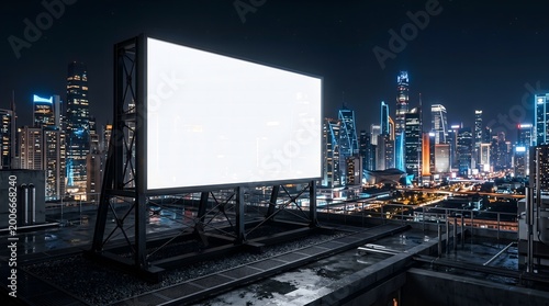 A large blank billboard stands on a rooftop overlooking a vibrant cityscape at night with skyscrapers and streets.