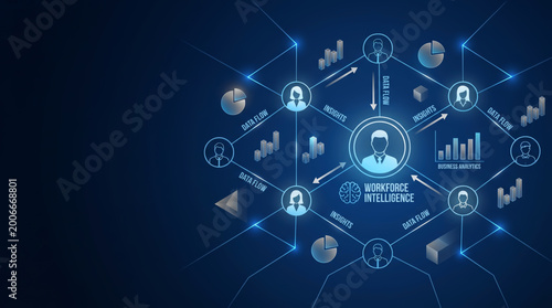 Workforce Intelligence HR Tech SaaS Analytics Platform for Corporate Human Resources Management showing Data Flow Insights and Talent Strategy Network with Digital Charts and People Icons.