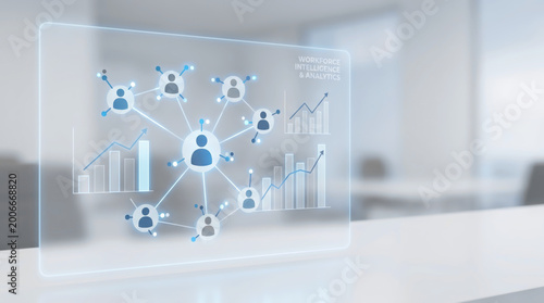 HR Tech SaaS Analytics Platform for Corporate Management Featuring Digital Network of People and Data Charts on Transparent Screen in Modern Office for Workforce Planning and Business Growth.