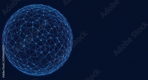 A futuristic networked globe with interconnected lines and nodes against a dark background.