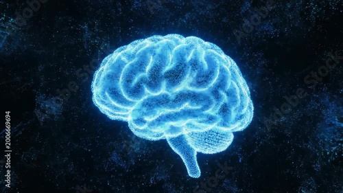 Human brain composed of glowing blue particles, digital intelligence and neural network concept, 3d motion graphic animation on black background