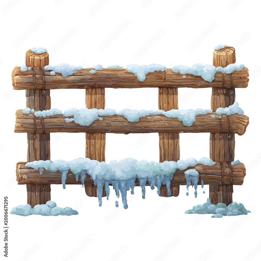Obraz premium Rustic wooden fence posts frosted with snow and icicles