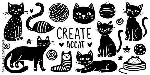 Charming black cat collection with yarn balls and accessories hand drawn style isolated on white background