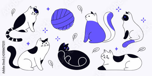 Playful cats and yarn ball illustration set in modern hand drawn style with pastel colors and sparkling details