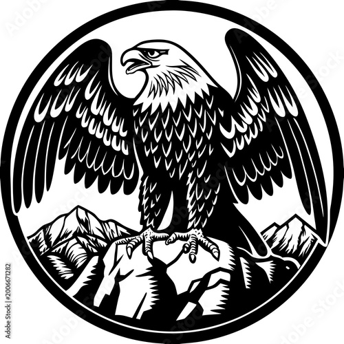 Vintage style illustration of a majestic eagle perched on rocky terrain within a circular frame in black and white