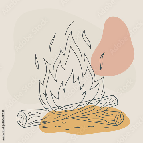 Minimalist line art illustration of a cozy campfire with abstract shapes in warm neutral tones perfect for autumn or outdoor themes