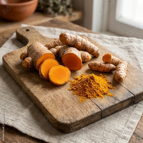Turmeric roots and powder on wooden board