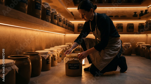 Artisan fermenter hand-sealing ceramic crocks of spring-harvested wild garlic kimchi with wax-dipped cloth covers in a dimly lit root cellar 3