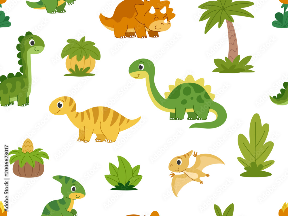 Naklejka premium Cartoon cute children dinosaurs seamless pattern. Prehistoric animals and plants seamless wallpaper on white background.
