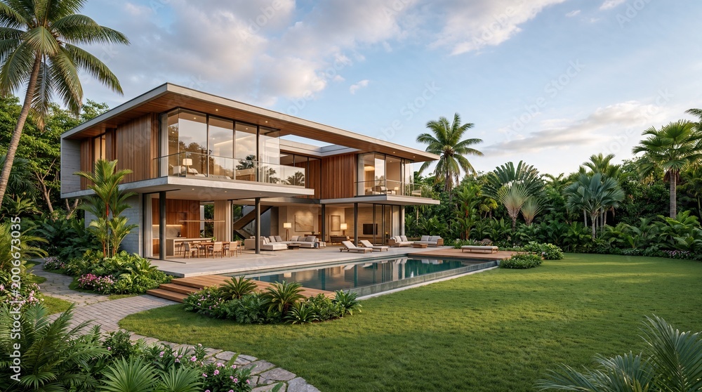 Fototapeta premium Modern tropical luxury house with pool.