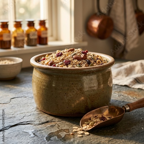 Bowl of granola with nuts and dried fruit