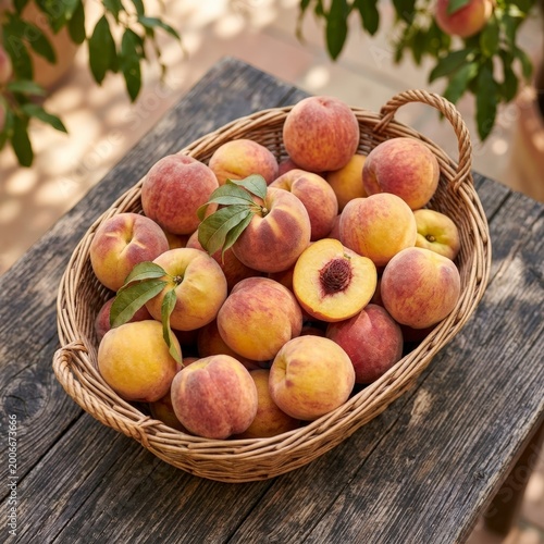 Basket of ripe peaches on a wooden table