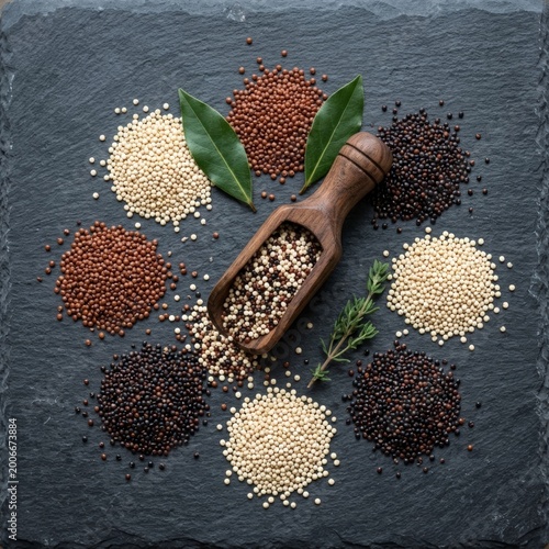 Assortment of quinoa grains on a dark slate surface