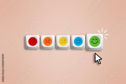 Obraz na plátně User selecting positive feedback on satisfaction scale with smiley icons