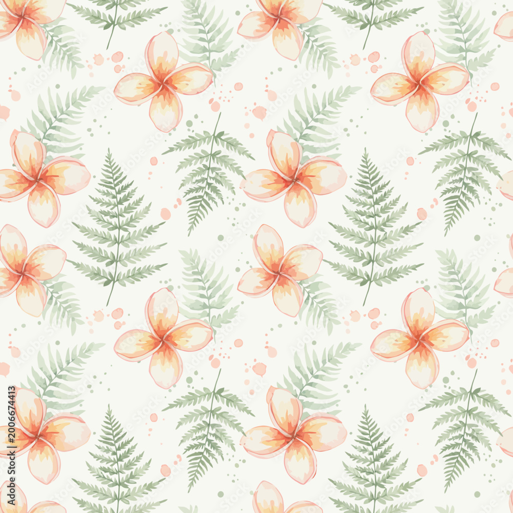 Fototapeta premium Seamless tropical watercolor pattern with pink plumeria frangipani flowers, green fern leaves, and decorative paint splatters on a cream background for fabric and wallpaper.