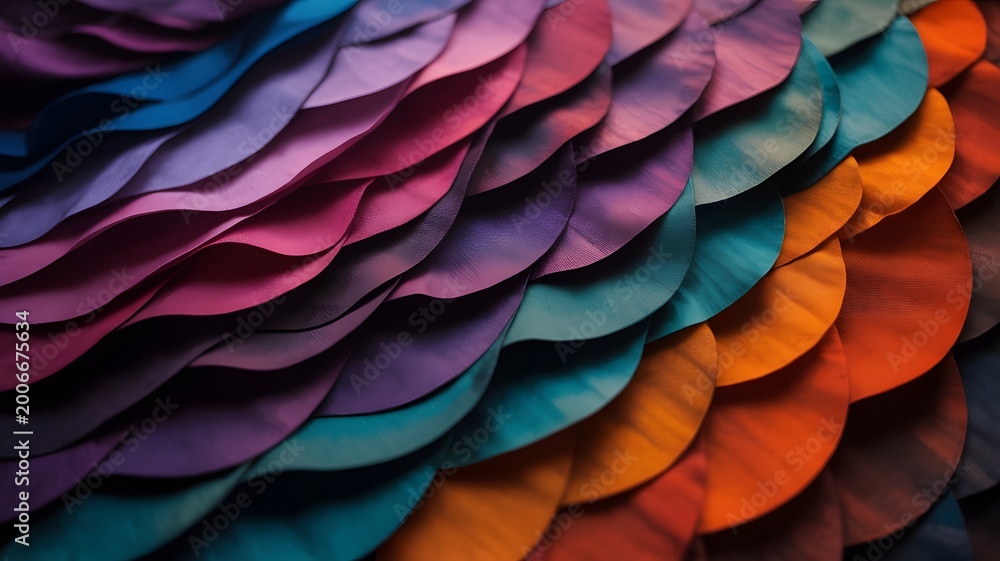 Obraz premium Abstract colorful layered scales pattern vibrant gradient texture for backgrounds and design elements close-up macro view