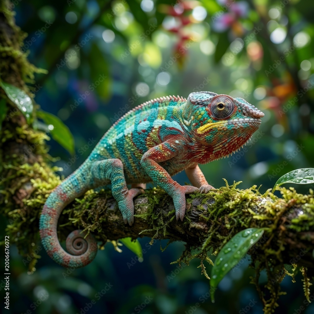 Fototapeta premium Chameleon on mossy branch in lush forest