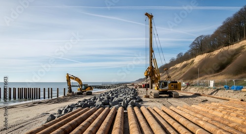 Coastal erosion control construction of a seawall and beach restoration project