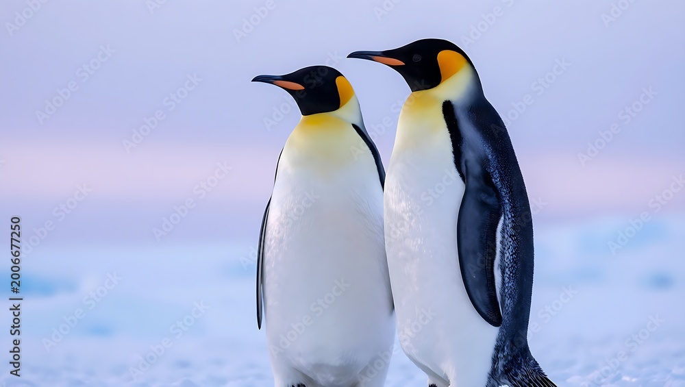 Fototapeta premium Two royal penguins standing together in a vast snowy landscape