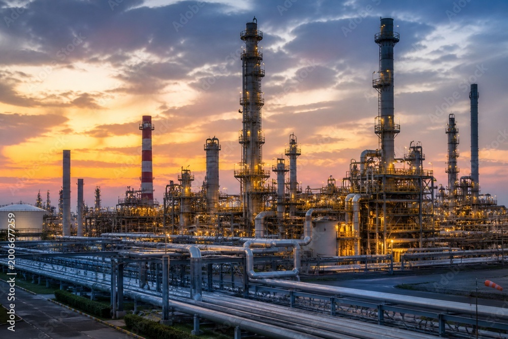 Fototapeta premium Industrial Refinery at Sunset with Dramatic Sky- It is society based large scale industry
