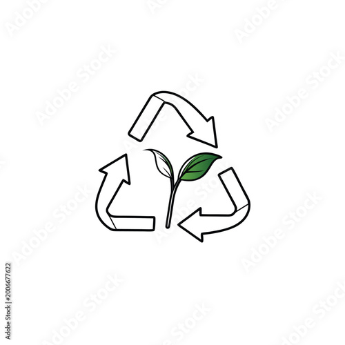 Recycle symbol with a delicate green sprout growing in the center, symbolizing ecology.