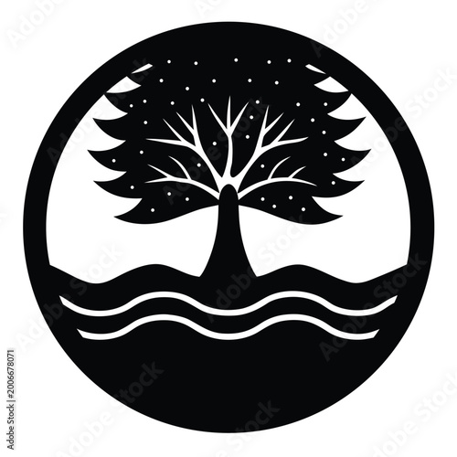 Stylized tree emblem with flowing water waves, symbolizing nature, growth, and life.