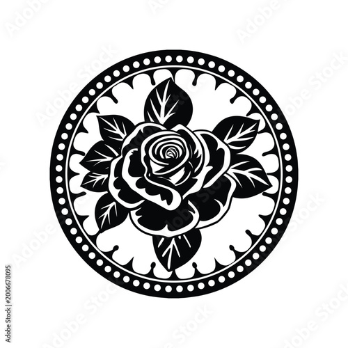 Black and white rose emblem with decorative border, symbolizing beauty, love, and elegance.