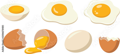 Foto Collection of brown egg icons including whole shell cracked open with yolk and fried sunny side up breakfast elements