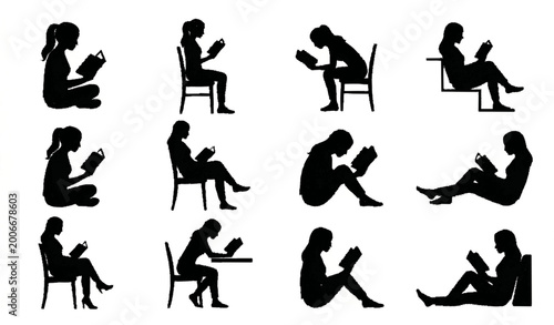Sitting girl reading book silhouette set with side view poses and relaxed reading positions vector collection