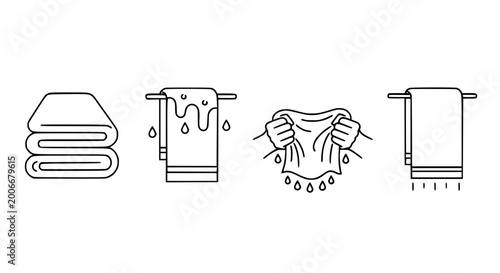 Laundry and towel care icons set featuring folded towels wringing out wet cloth and hanging towels on racks in thin line vector style for housekeeping.