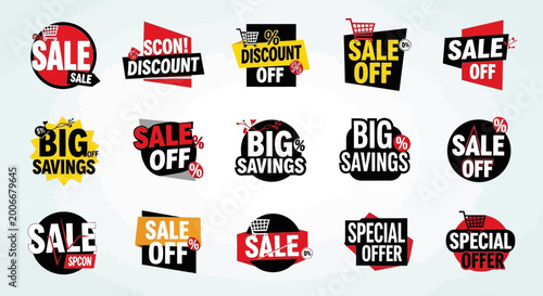 Sale badges and discount banners promotional graphic elements