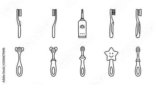 Set of baby and toddler toothbrushes featuring various ergonomic designs including soft bristles teether handles and cute character shapes for early dental hygiene.