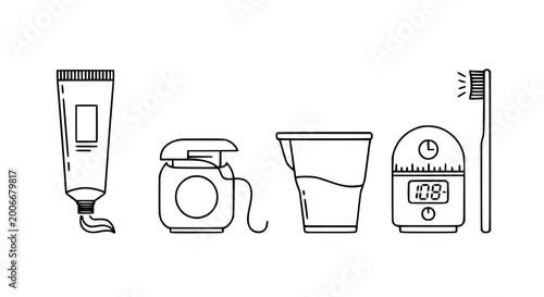 Canvastavla Set of dental hygiene icons featuring toothpaste tube dental floss mouthwash cup timer and toothbrush in thin line vector style for daily oral health care routine
