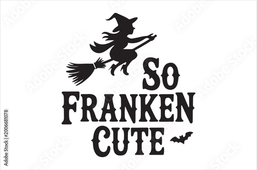 Cuadro en lienzo Witch silhouette on broom with halloween text on white background