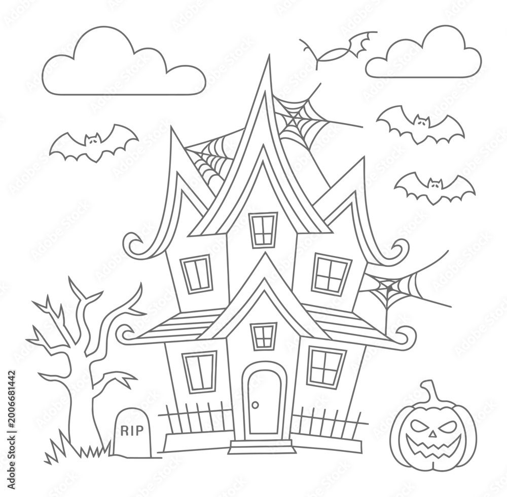 Fototapeta premium Spooky Halloween Haunted House Coloring Page with Bats and Pumpkin