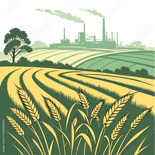 Canvastavla farmland landscape with factory in the distance vector illustration high quality