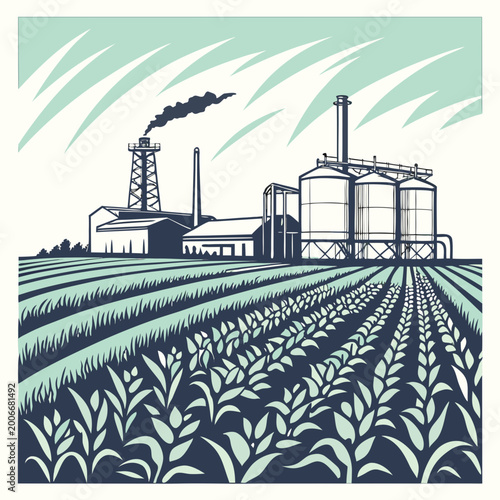Fotografie vector illustration of crop field and industrial facilities with smokestacks