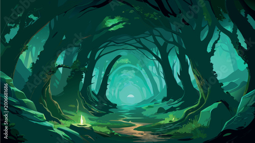 Enchanted Forest Landscape with Path and Magical Light Concept Art