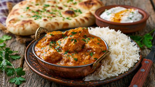 Indian curry, chicken tikka masala with rice and naan bread