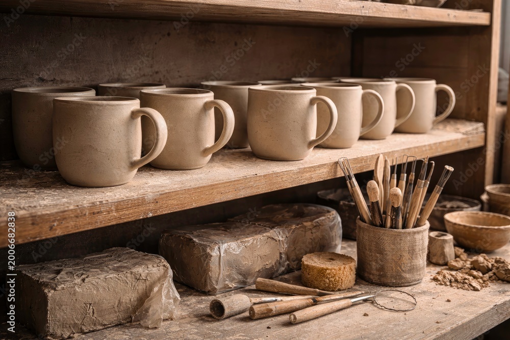 Fototapeta premium Handcrafted Pottery Mugs and Tools in a Clay Workshop