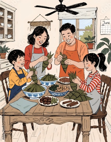 Asian Family Making Zongzi Together Illustration: Parents and Children Preparing Traditional Sticky Rice Dumplings for Dragon Boat Festival in Cozy Kitchen
