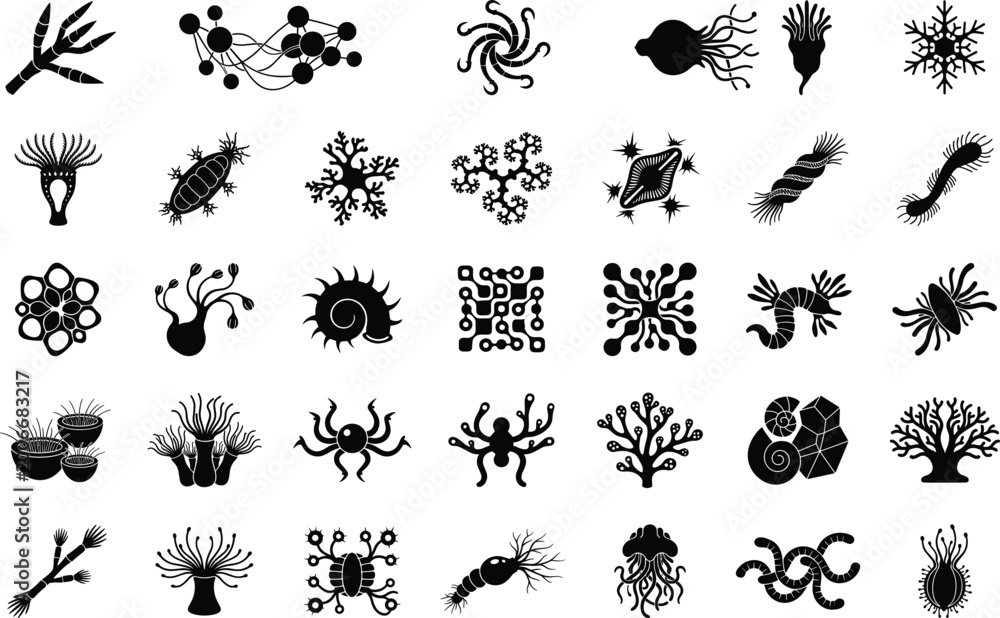Fototapeta premium Microorganism icon set, simple style, marine inhabitants and microscopic organisms vector art