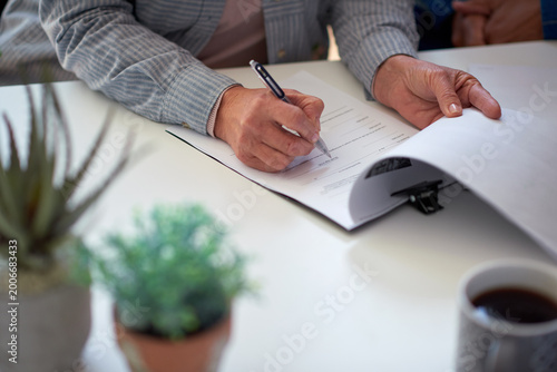 Εκτύπωση καμβά Senior, woman and hands with documents for signature, life insurance and form for asset management
