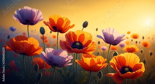 Colorful poppies blooming in golden sunset field Vector, illustration