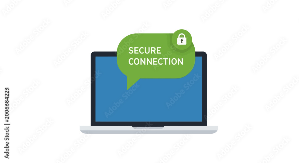 Fototapeta premium Laptop computer with secure connection notification bubble and padlock icon representing data privacy and cybersecurity on a white background.