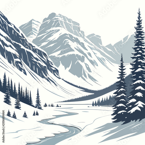 Konstfotografi Mountain valley landscape with snow covered peaks and winding river vector illus