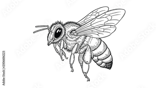 Detailed black and white engraving of a honey bee highlights its hairy body, transparent wings, and segmented legs in a scientific way.